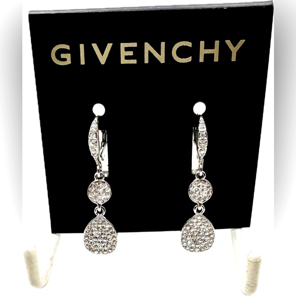 Givenchy Silver Tone Crystal Lever Back Drop Earrings, NWOT-Excellent Condition - Picture 1 of 4